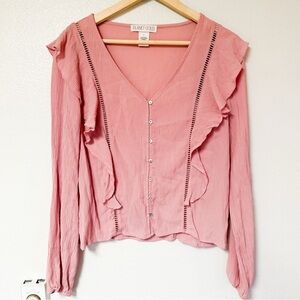 Light Pink Ruffle Trim Button Front Blouse Boho Cottagecore Top Size Juniors L